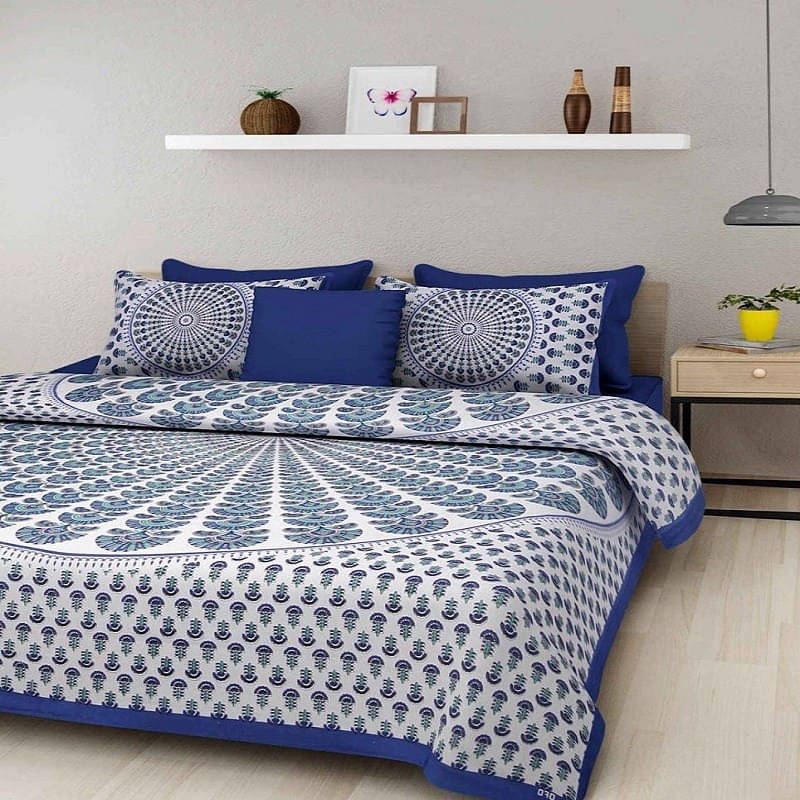     			Batham Handloom Cotton 1 Double Bedsheet with 2 Pillow Covers ( Blue )