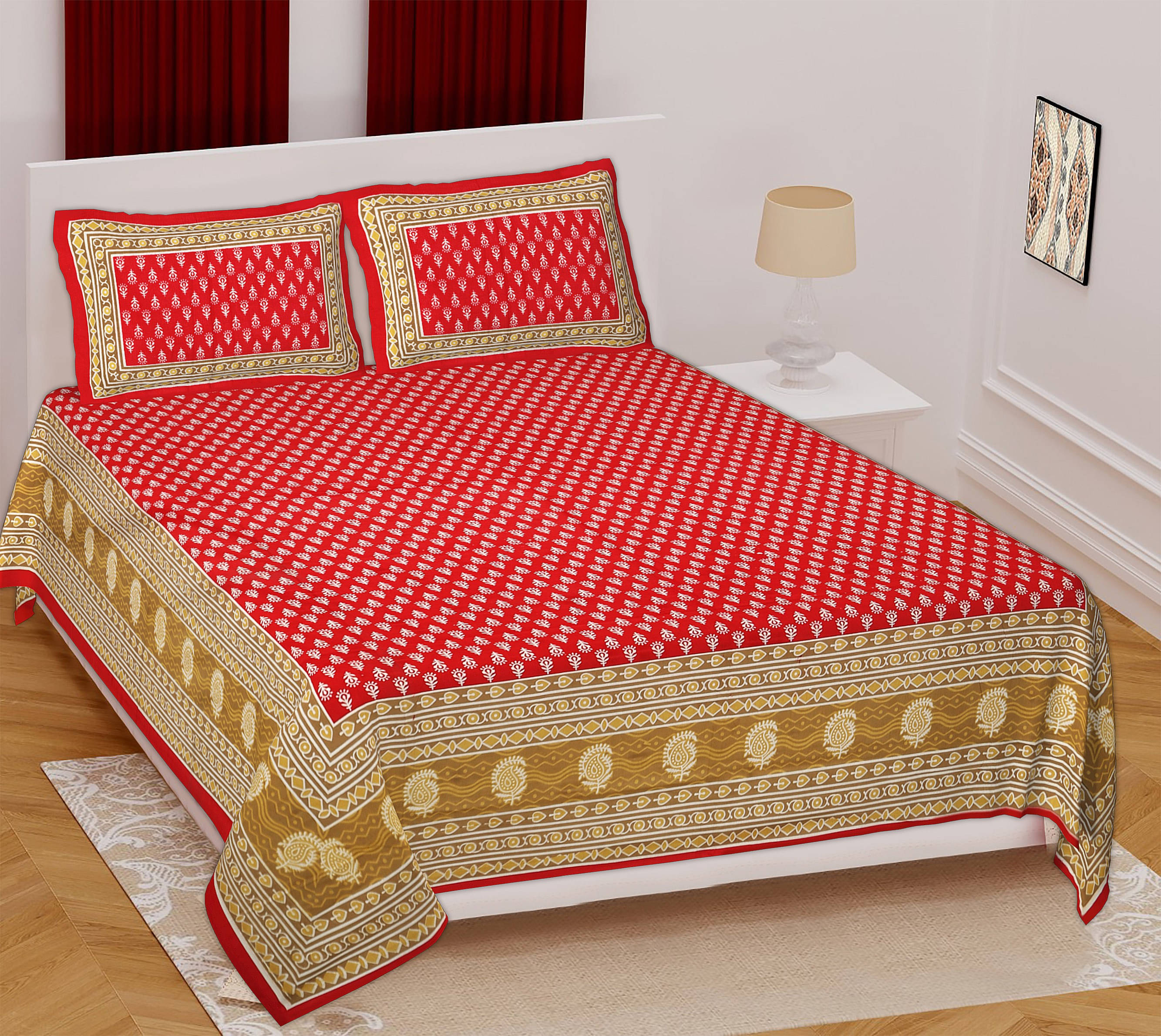     			Batham Handloom Cotton 1 Double Bedsheet with 2 Pillow Covers ( Red )