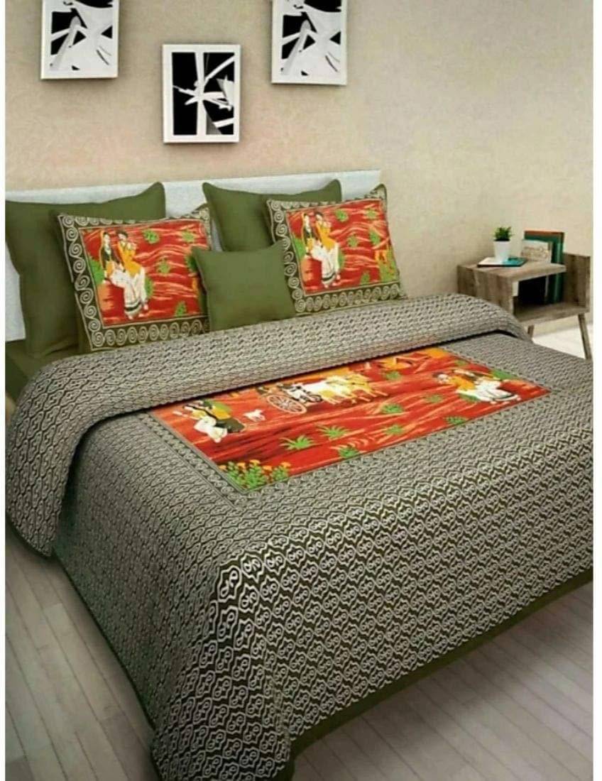     			Batham Handloom Cotton 1 Double Bedsheet with 2 Pillow Covers ( Green )