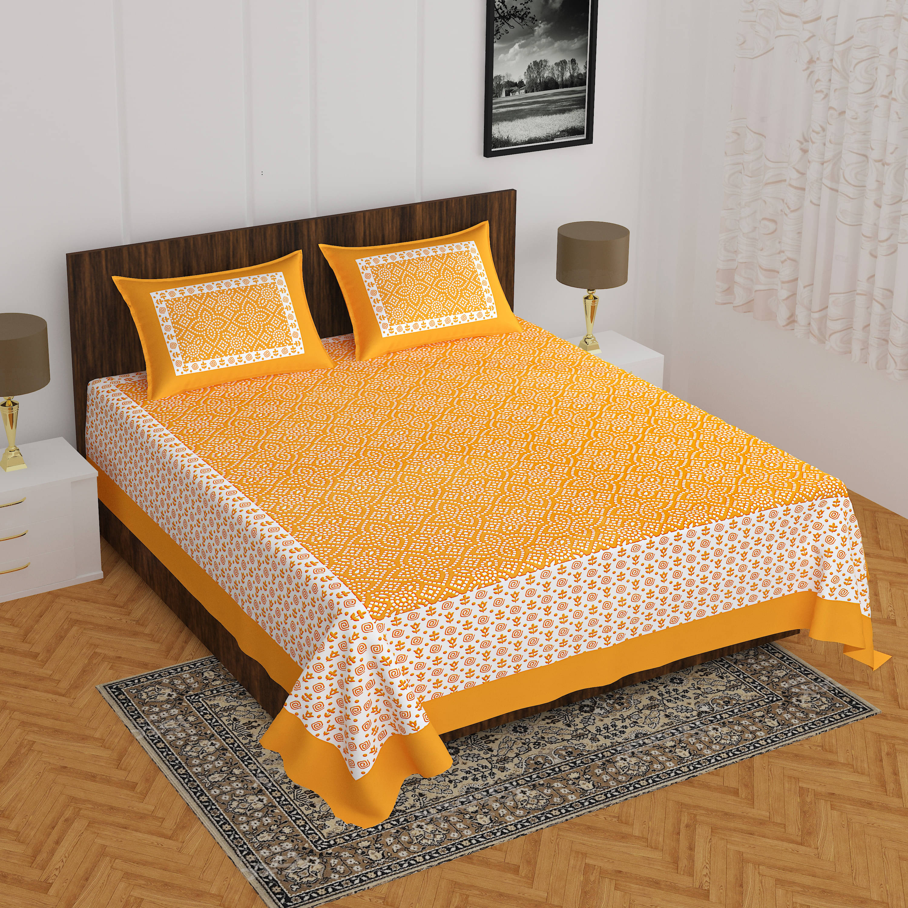     			Batham Handloom Cotton 1 Double Bedsheet with 2 Pillow Covers ( Yellow )