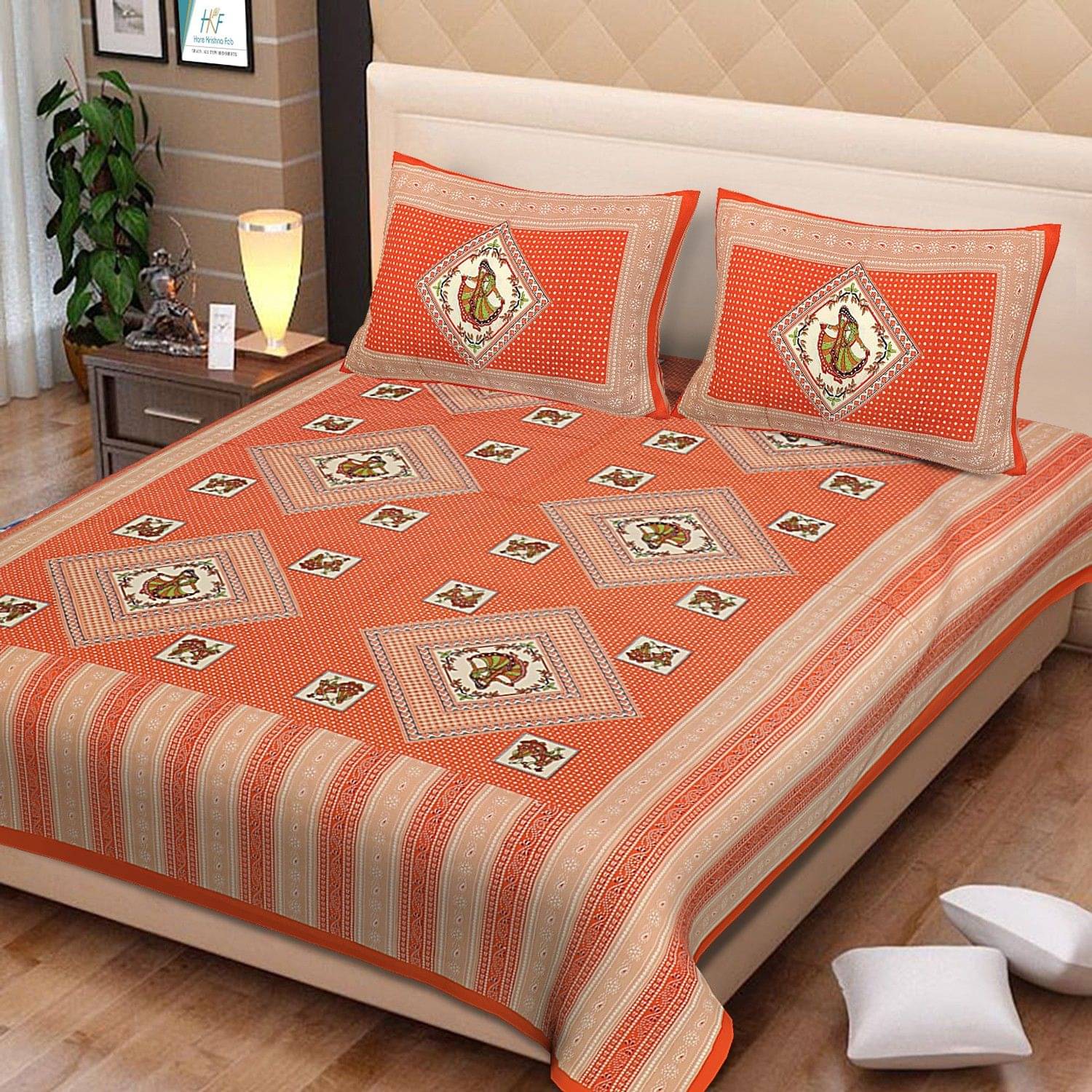 Batham Handloom Cotton 1 Double Bedsheet with 2 Pillow Covers ( Orange ) Batham Handloom Cotton 1 Double Bedsheet with 2 Pillow Covers ( Orange )