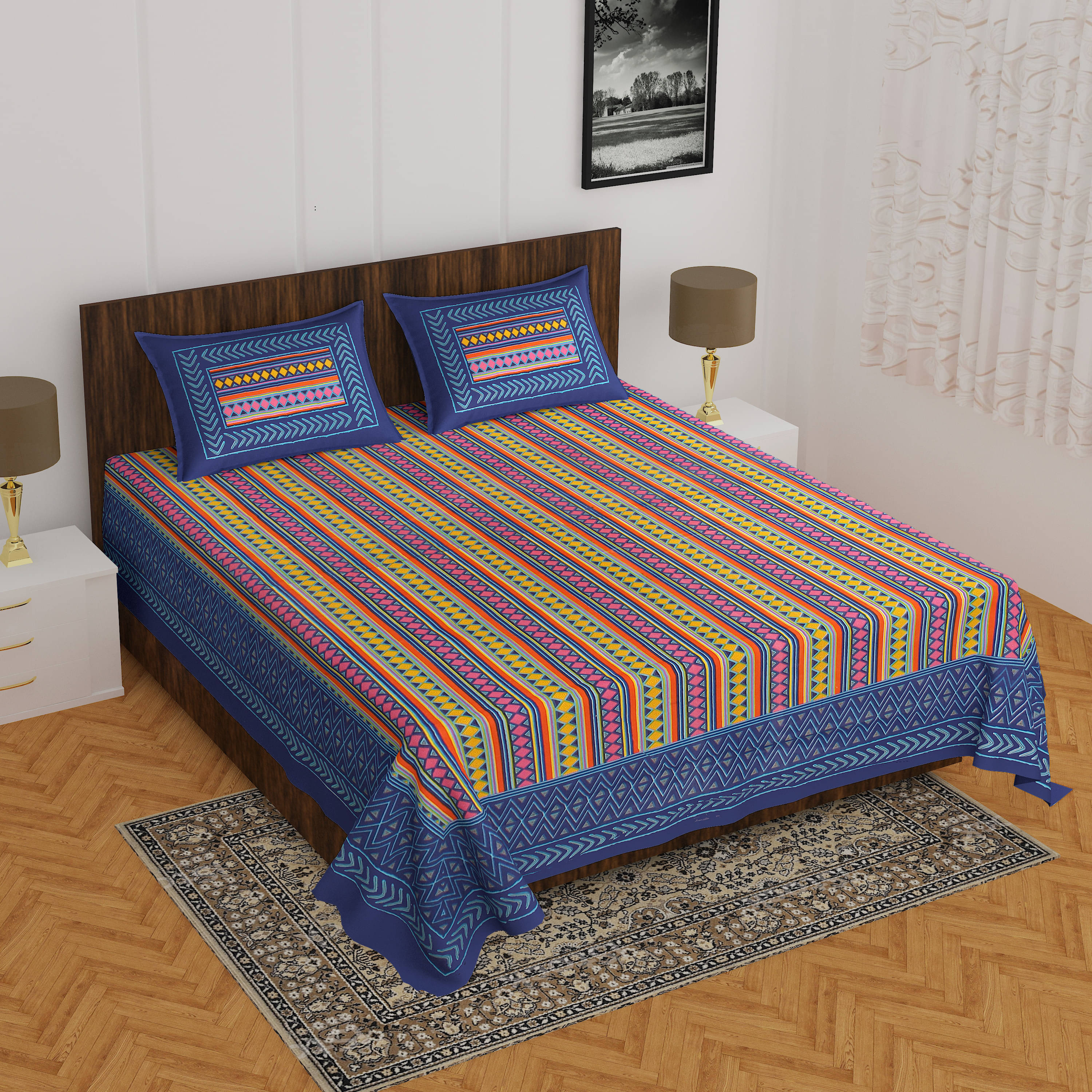     			Batham Handloom Cotton 1 Double Bedsheet with 2 Pillow Covers ( Multicolor )