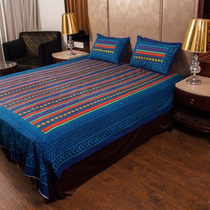     			Batham Handloom Cotton 1 Double Bedsheet with 2 Pillow Covers ( Blue )