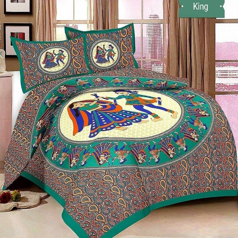     			Batham Handloom Cotton 1 Double Bedsheet with 2 Pillow Covers ( Green )