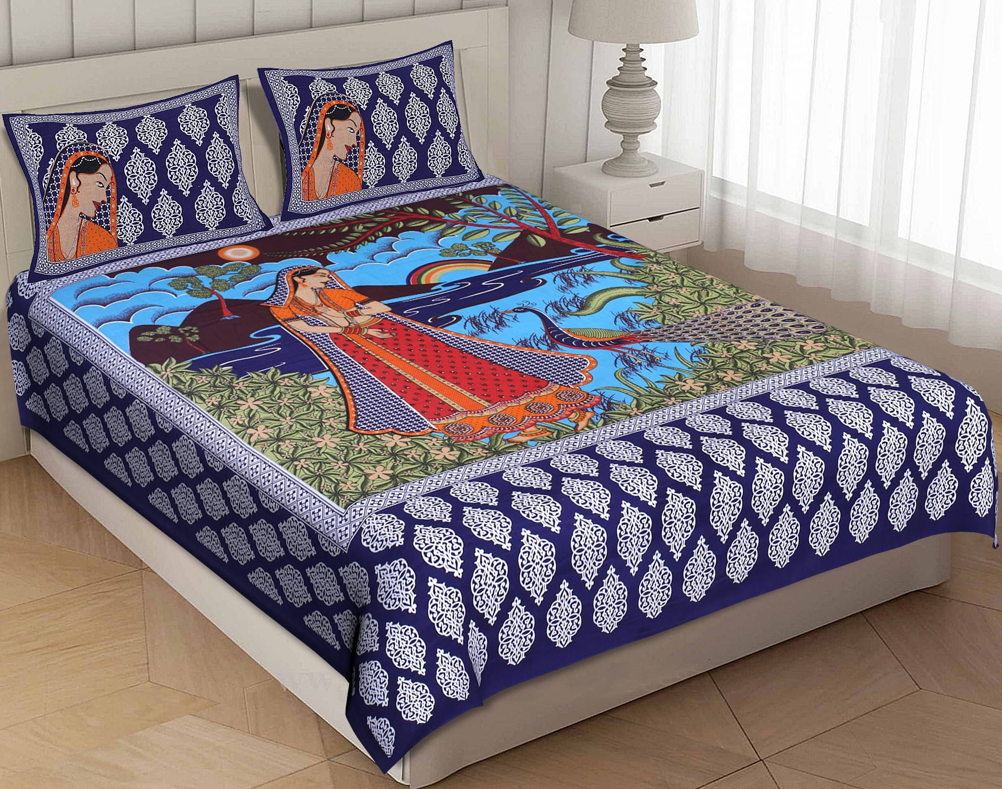    			Batham Handloom Cotton 1 Double Bedsheet with 2 Pillow Covers ( Blue )