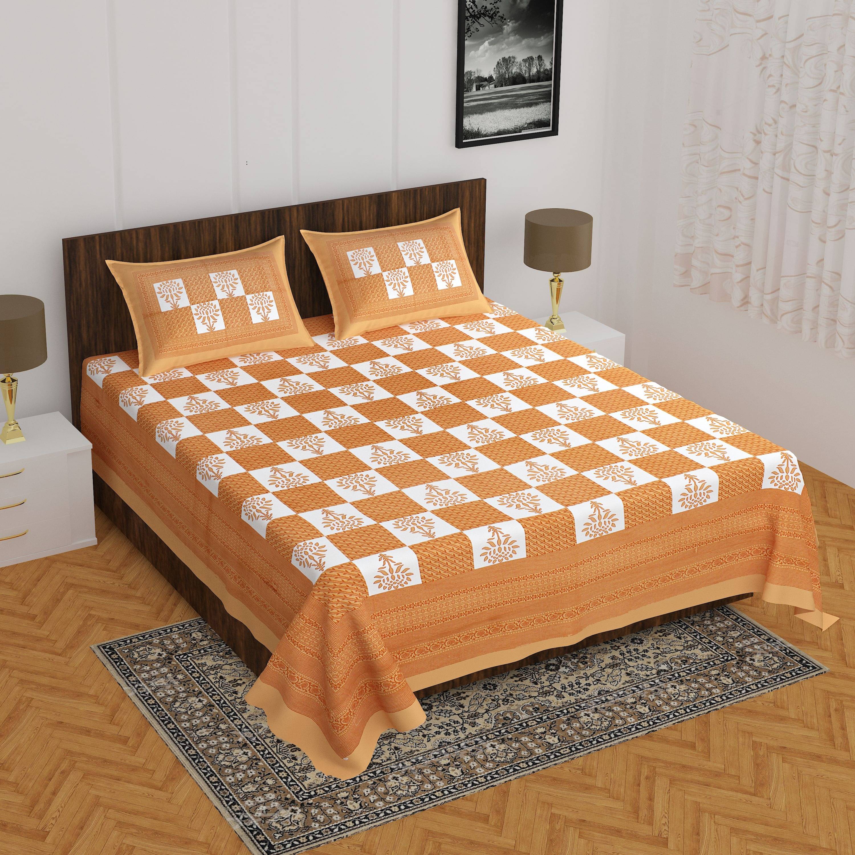 Batham Handloom Cotton 1 Double Bedsheet with 2 Pillow Covers ( Orange ) Batham Handloom Cotton 1 Double Bedsheet with 2 Pillow Covers ( Orange )