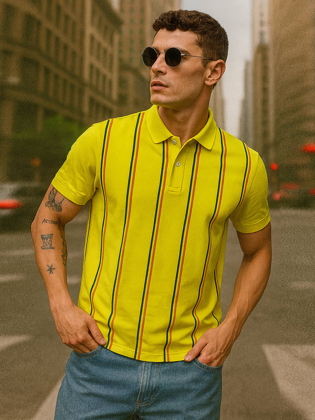 GET GOLF Men Cotton Blend Regular Fit Striped Polo T Shirt ( Yellow )