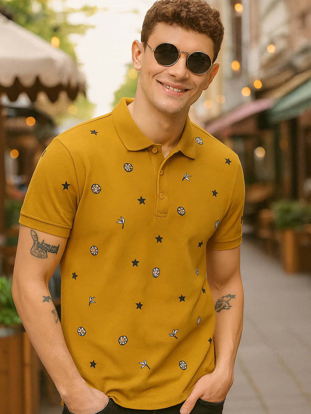 GET GOLF Men Cotton Blend Regular Fit Printed Polo T Shirt ( Mustard )     			GET GOLF Men Cotton Blend Regular Fit Printed Polo T Shirt ( Mustard )