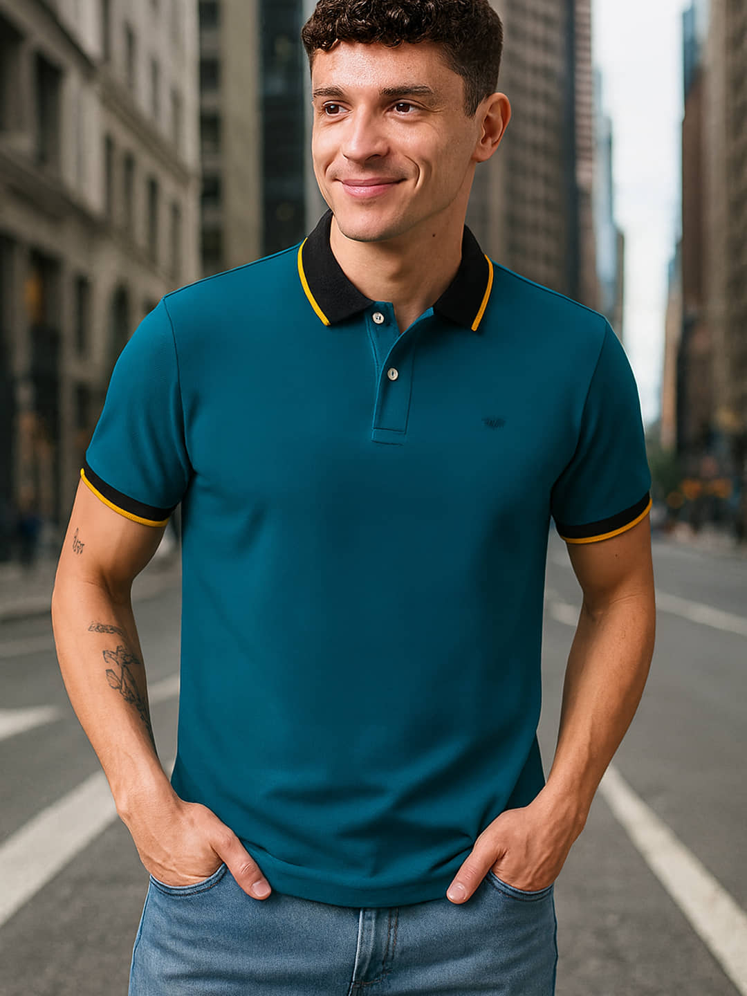 GET GOLF Men Cotton Blend Regular Fit Solid Polo T Shirt ( Teal Blue )
