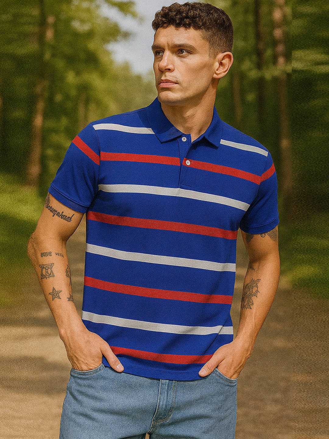     			GET GOLF Men Cotton Blend Regular Fit Striped Polo T Shirt ( Blue )