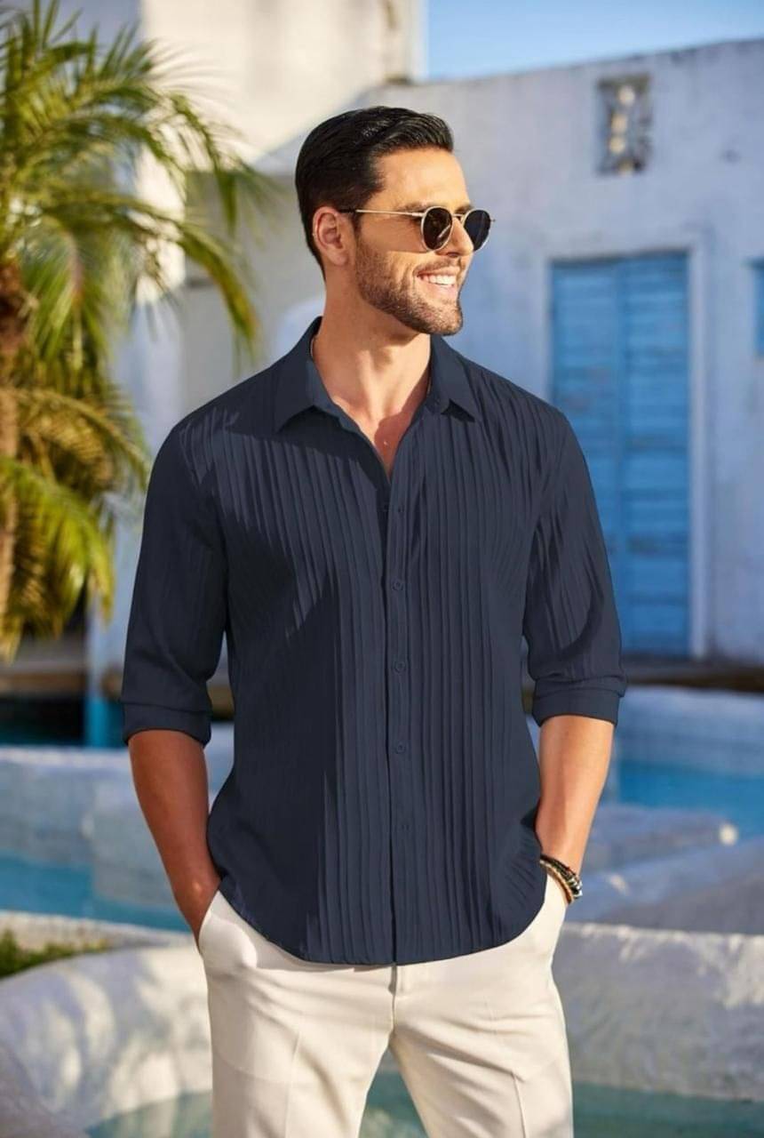     			GROWWAX Poly Cotton Regular Fit Popcorn Textured Full Sleeves Men's Casual Shirt - Dark Blue ( Pack of 1 )