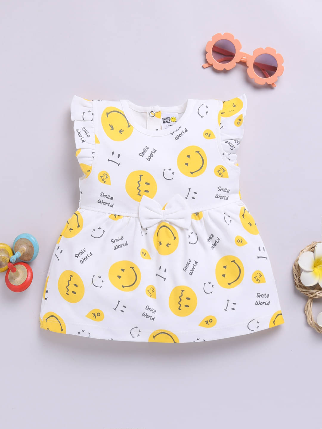     			HAPPY FACES Cotton Frock For Girls ( Pack of 1 , White )