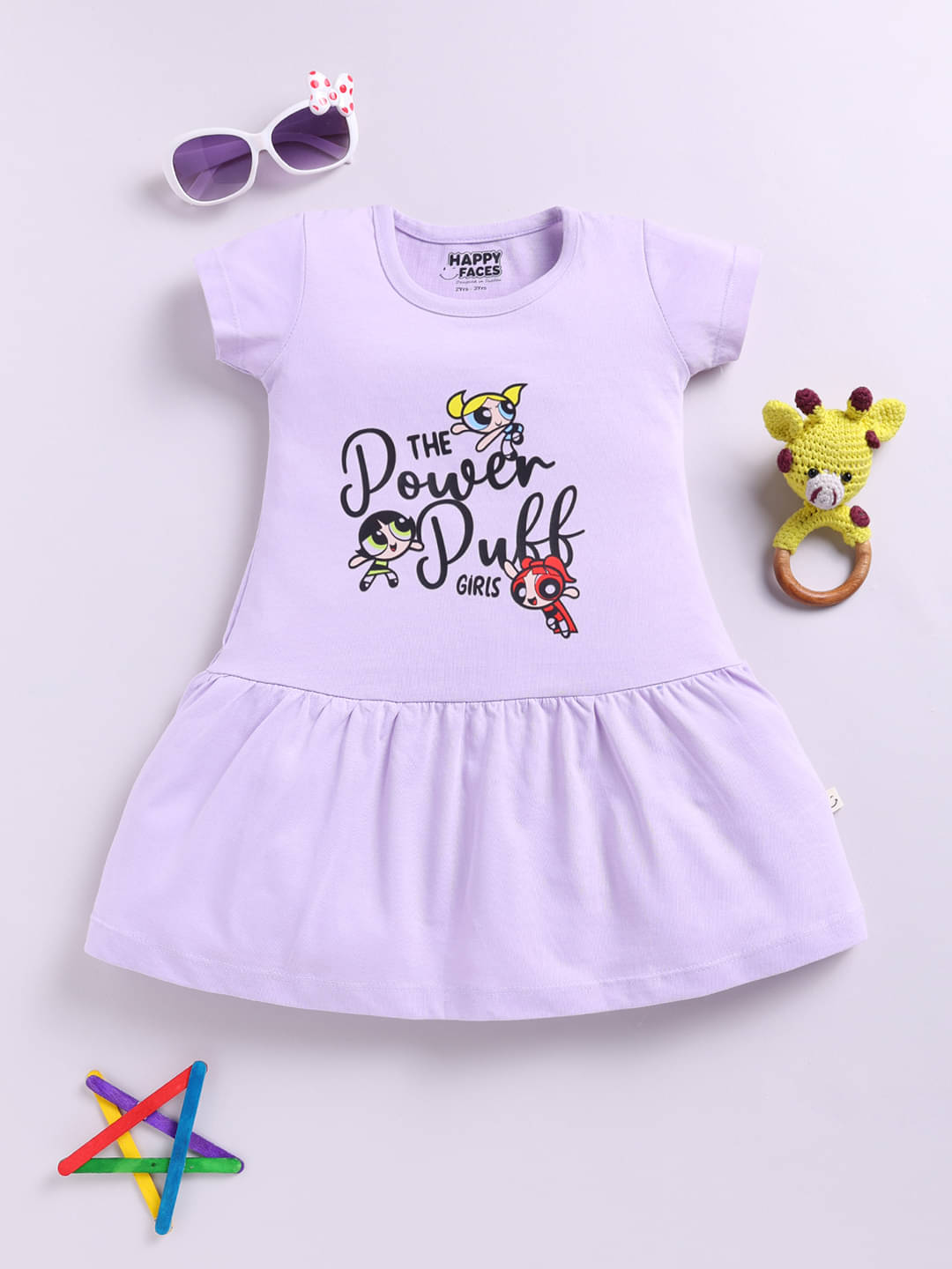    			HAPPY FACES Cotton Frock For Girls ( Pack of 1 , Lavender )
