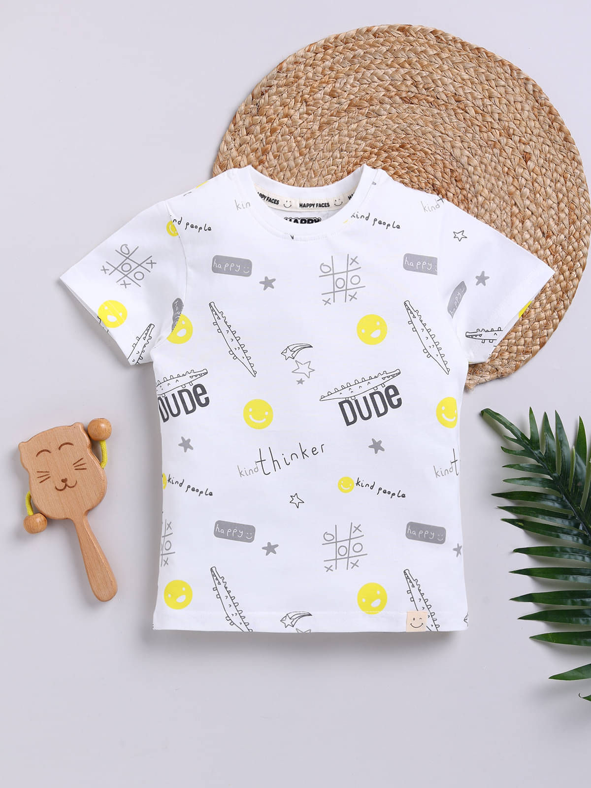     			HAPPY FACES Pack of 1 Boys Cotton T-Shirt ( Off White )