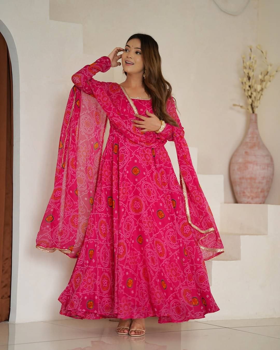     			HELWIN DESINER Women Georgette Anarkali Stitched Ethnic Gown ( Pink )