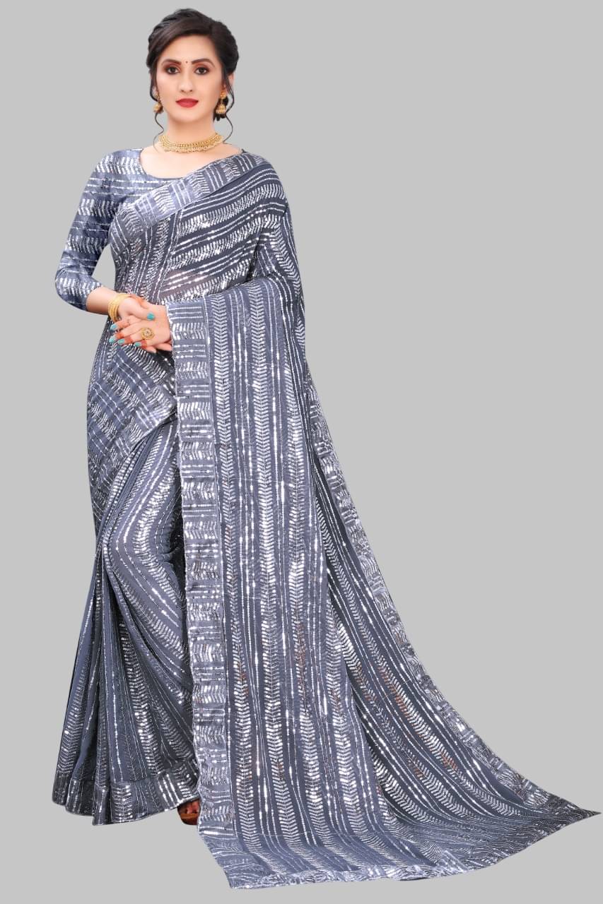     			JULEE Georgette Embroidered Regular Saree With Unstitched Blouse Piece ( Grey )