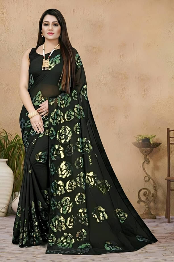     			JULEE Georgette Embroidered Regular Saree With Unstitched Blouse Piece ( Black )