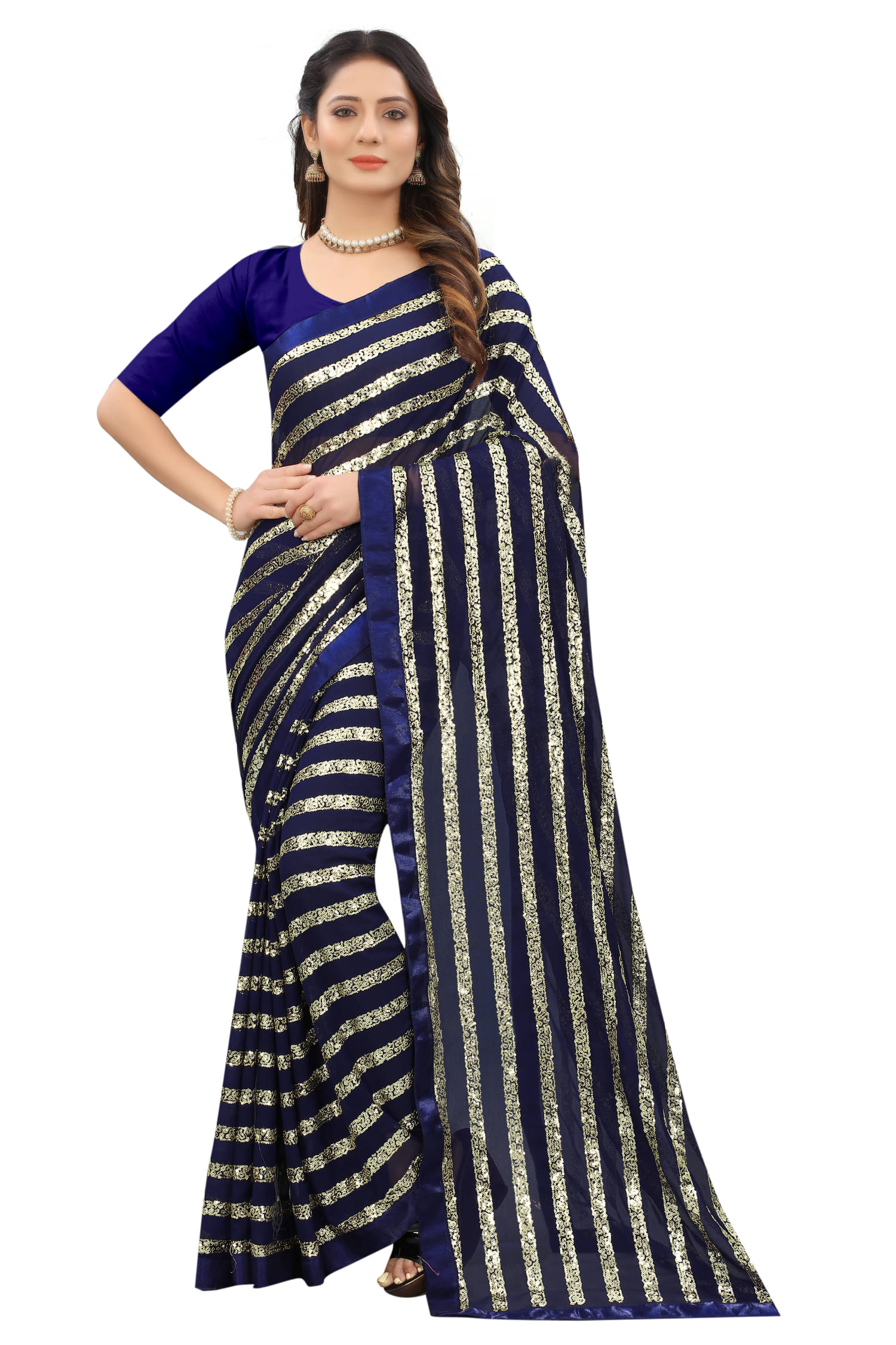     			JULEE Georgette Embroidered Regular Saree With Unstitched Blouse Piece ( Navy Blue )