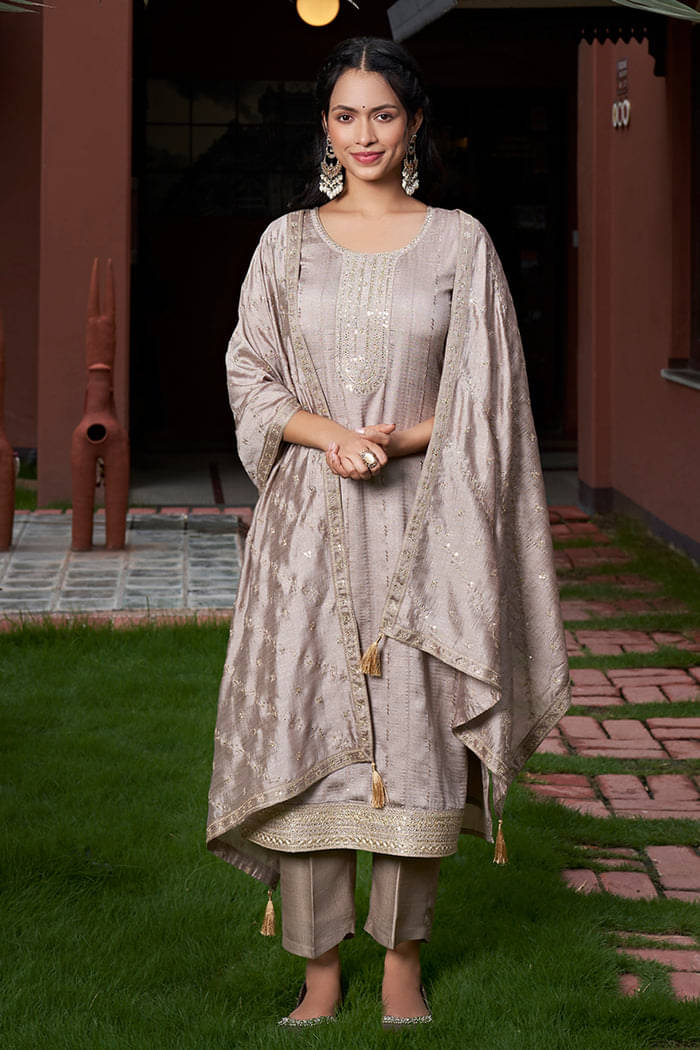     			KOTRONS Women Cotton Silk Embroidered Straight Kurti With Pants ( Beige )
