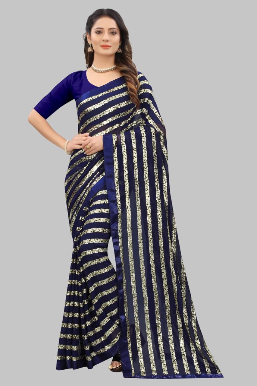     			KV Fashion Georgette Embroidered Regular Saree With Unstitched Blouse Piece ( Navy Blue )