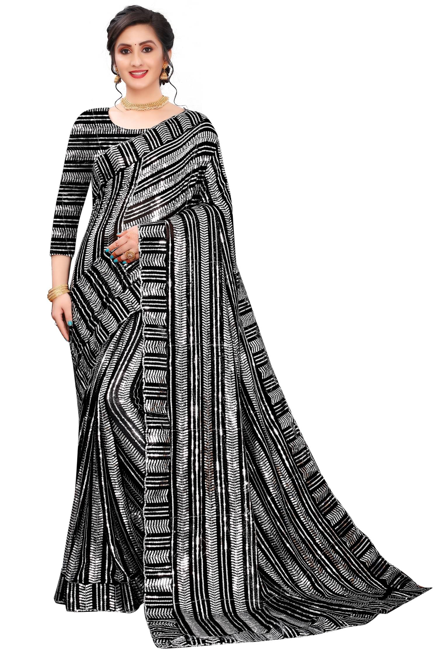 KV Fashion Georgette Embroidered Regular Saree With Unstitched Blouse Piece ( Black )     			KV Fashion Georgette Embroidered Regular Saree With Unstitched Blouse Piece ( Black )
