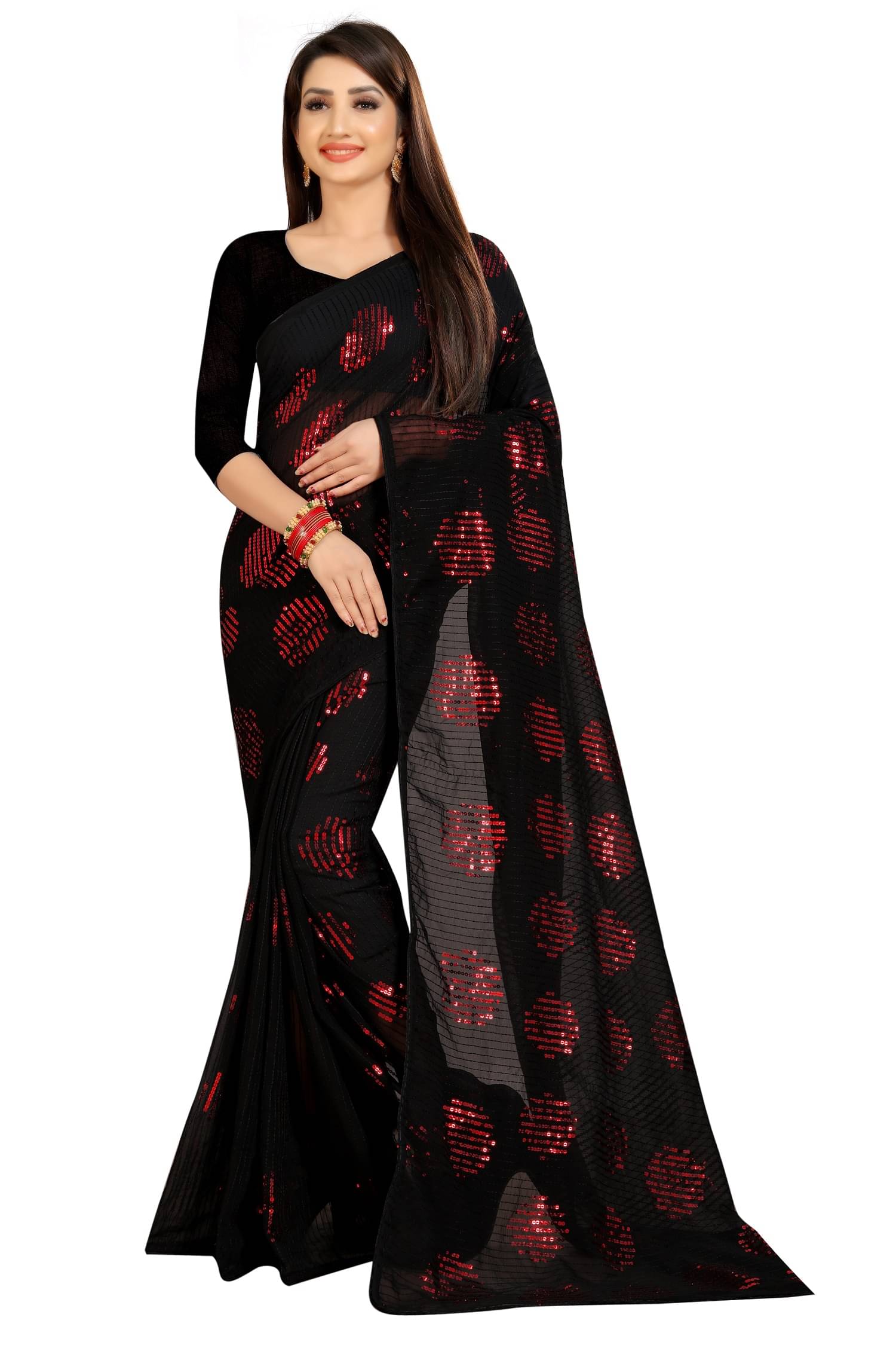 KV Fashion Georgette Embroidered Regular Saree With Unstitched Blouse Piece ( Red )     			KV Fashion Georgette Embroidered Regular Saree With Unstitched Blouse Piece ( Red )