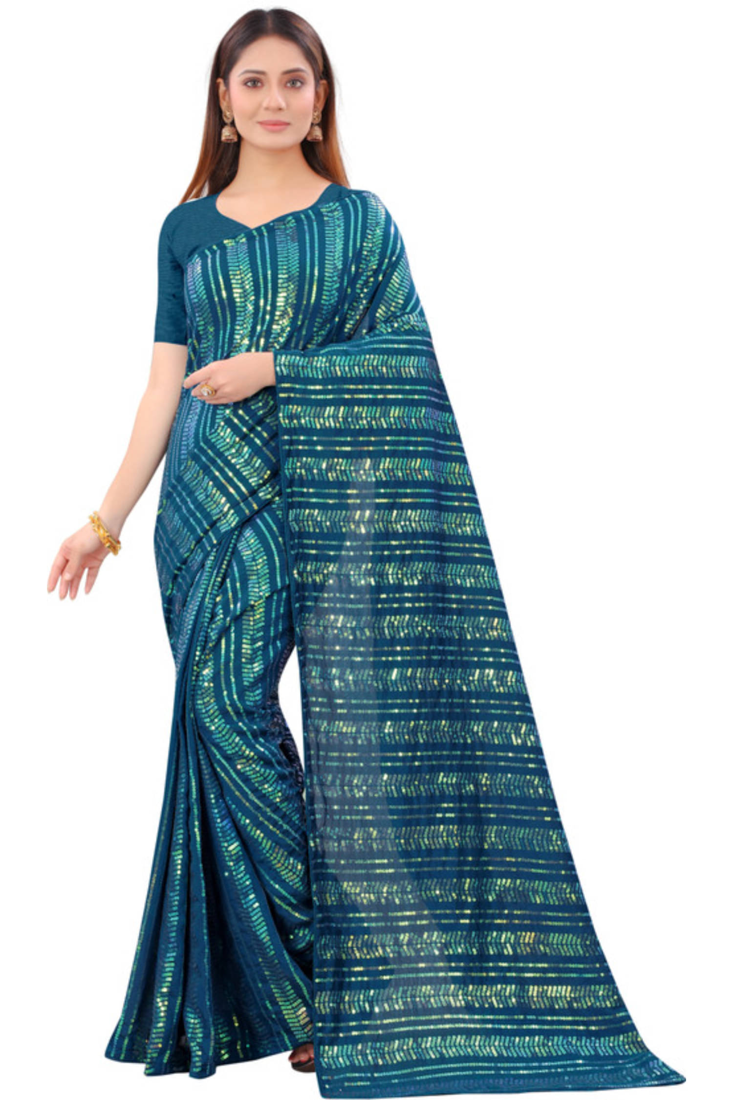 KV Fashion Georgette Embroidered Regular Saree With Unstitched Blouse Piece ( Rama )     			KV Fashion Georgette Embroidered Regular Saree With Unstitched Blouse Piece ( Rama )