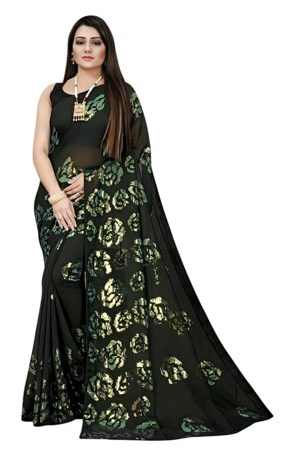     			KV Fashion Georgette Embroidered Regular Saree With Unstitched Blouse Piece ( Black )