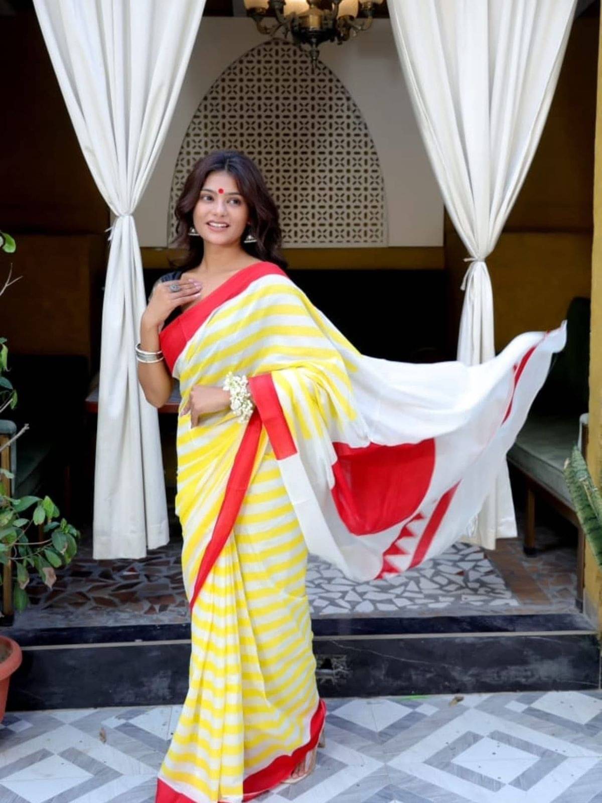     			Krisha Enterprise Chanderi Printed Regular Saree Without Blouse Piece ( Yellow )