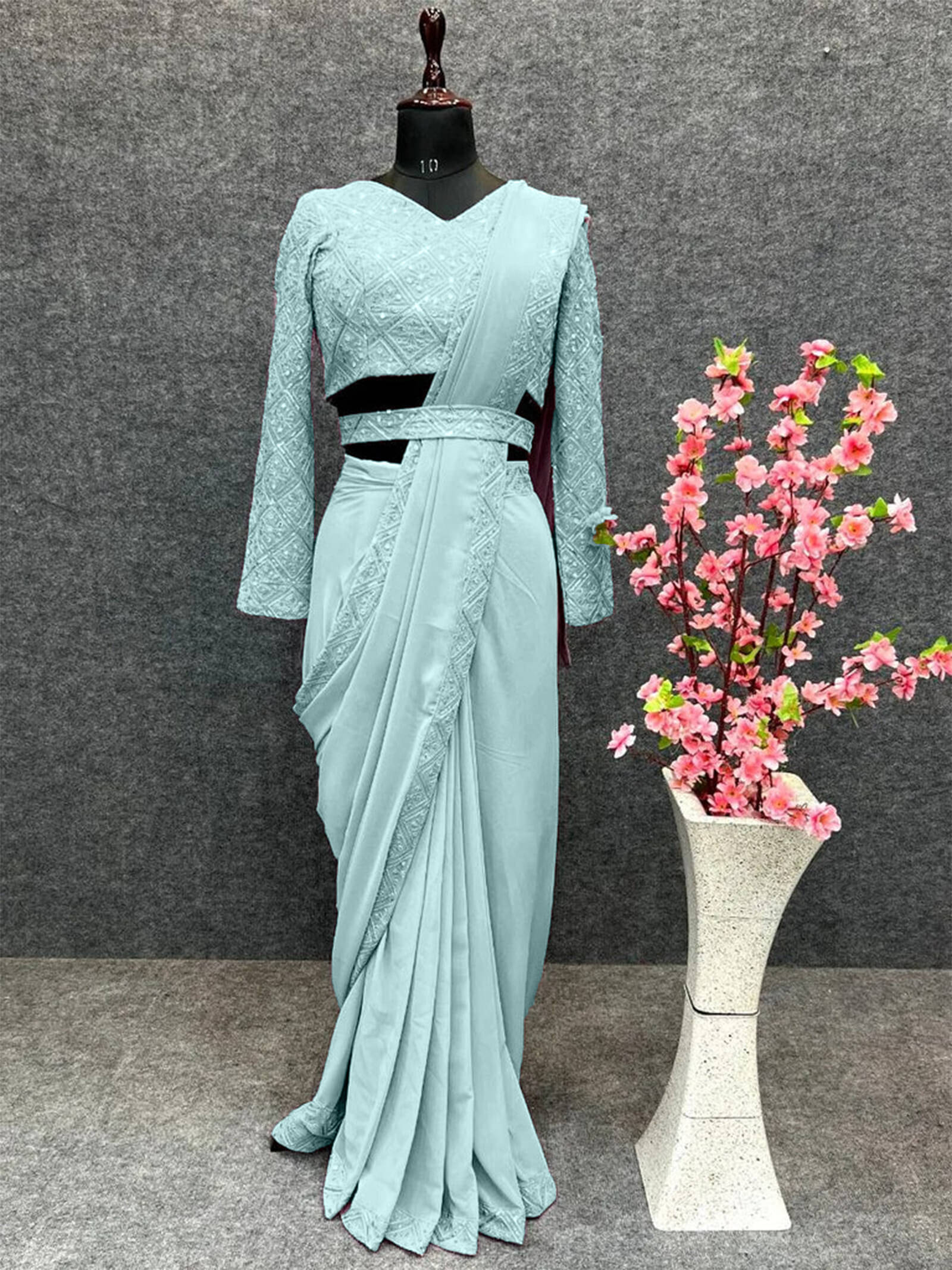     			Krisha Enterprise Chiffon Embellished Regular Saree With Unstitched Blouse Piece ( Light Blue )