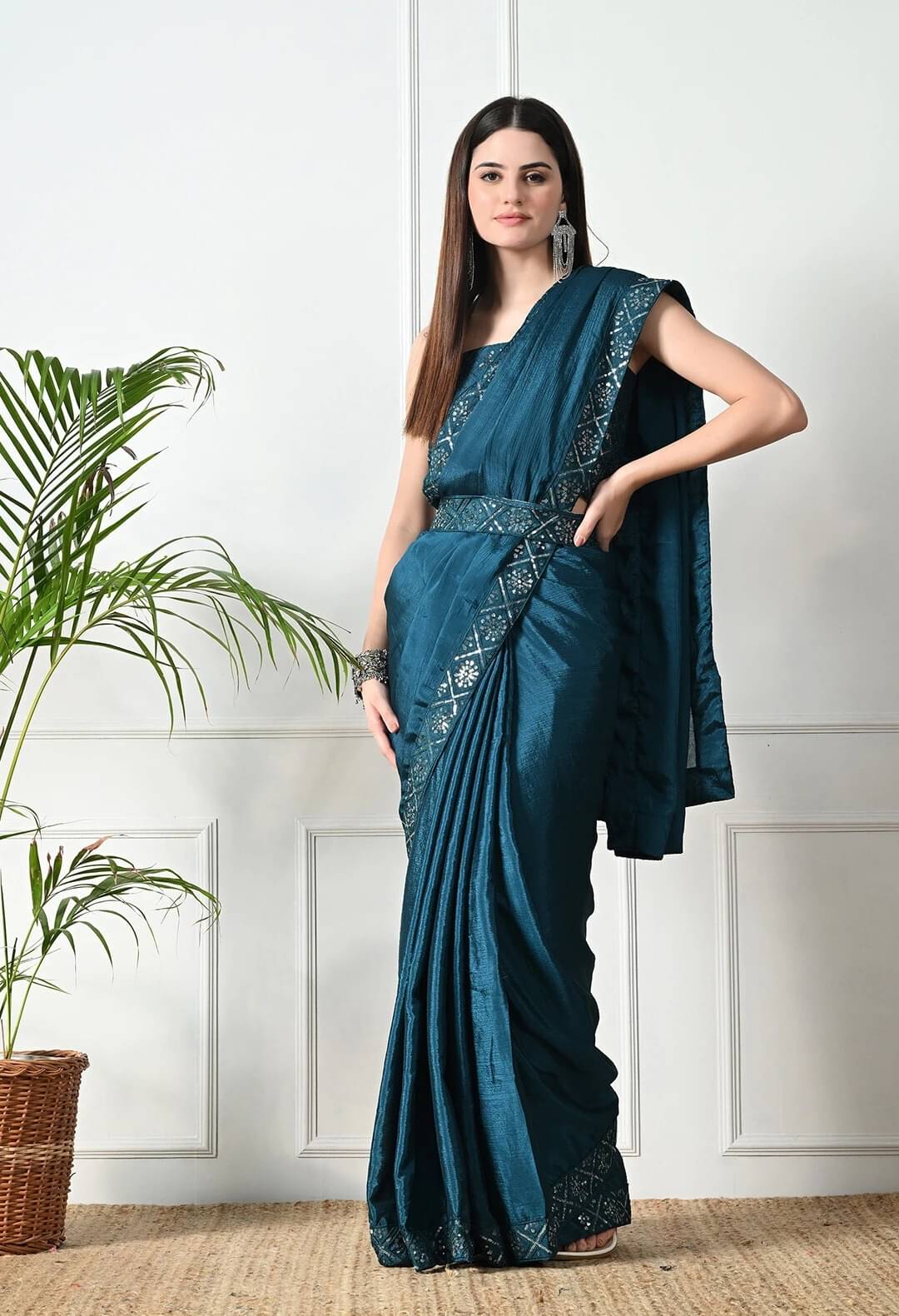    			Krisha Enterprise Chiffon Embellished Regular Saree With Unstitched Blouse Piece ( Light Blue )