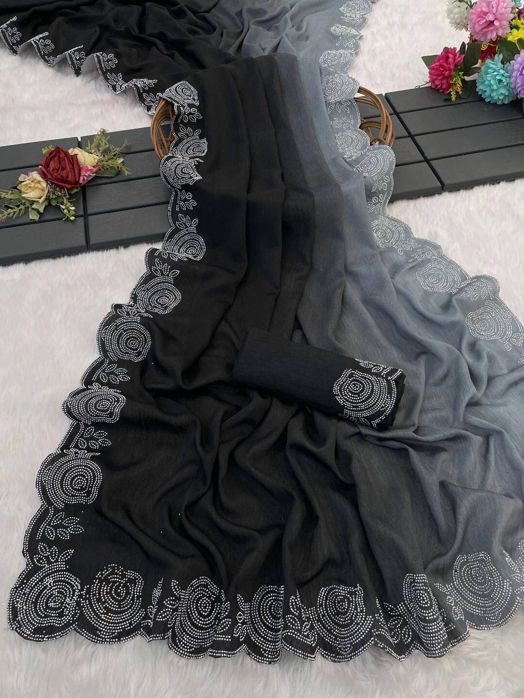     			Krisha Enterprise Chiffon Embellished Regular Saree With Unstitched Blouse Piece ( Black )