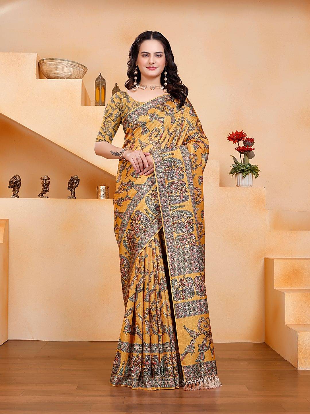 Krisha Enterprise Chiffon Printed Regular Saree With Unstitched Blouse Piece ( Gold ) Krisha Enterprise Chiffon Printed Regular Saree With Unstitched Blouse Piece ( Gold )