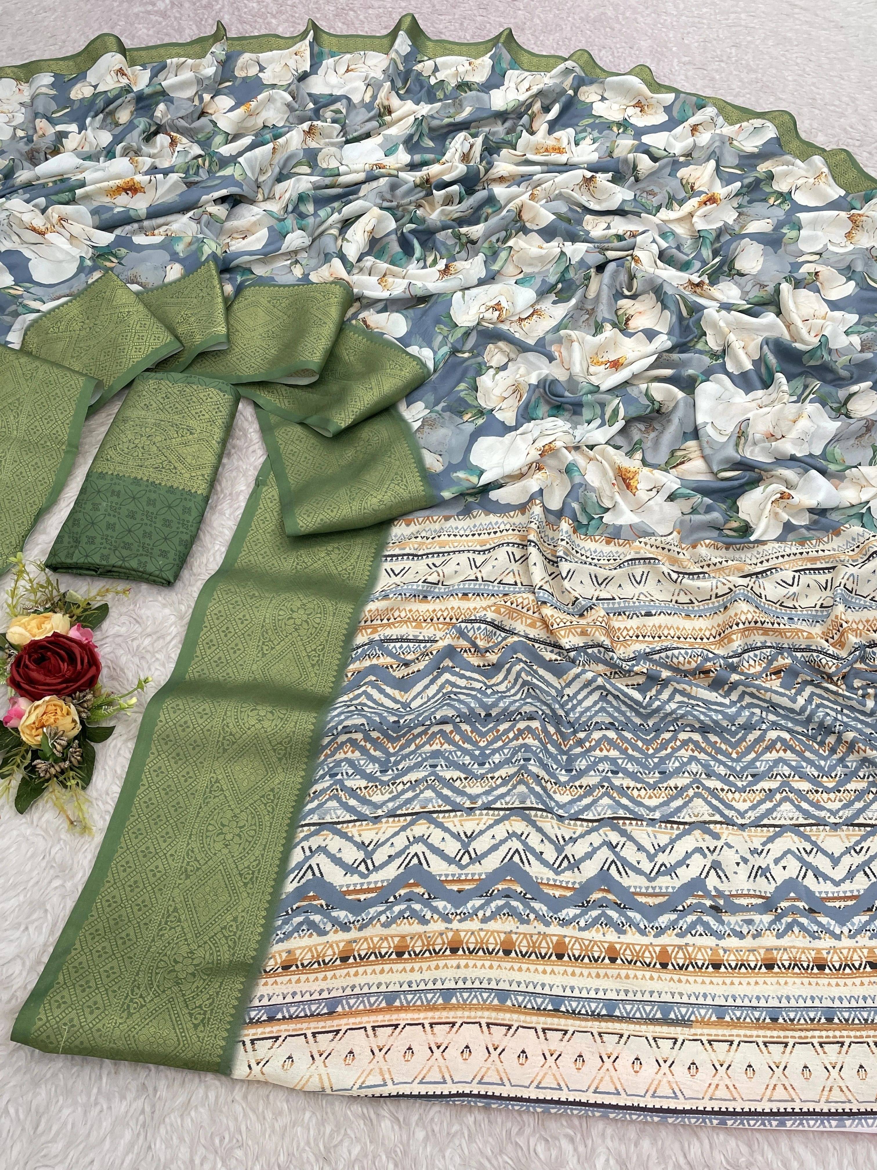 Krisha Enterprise Chiffon Printed Regular Saree With Unstitched Blouse Piece ( Green ) Krisha Enterprise Chiffon Printed Regular Saree With Unstitched Blouse Piece ( Green )