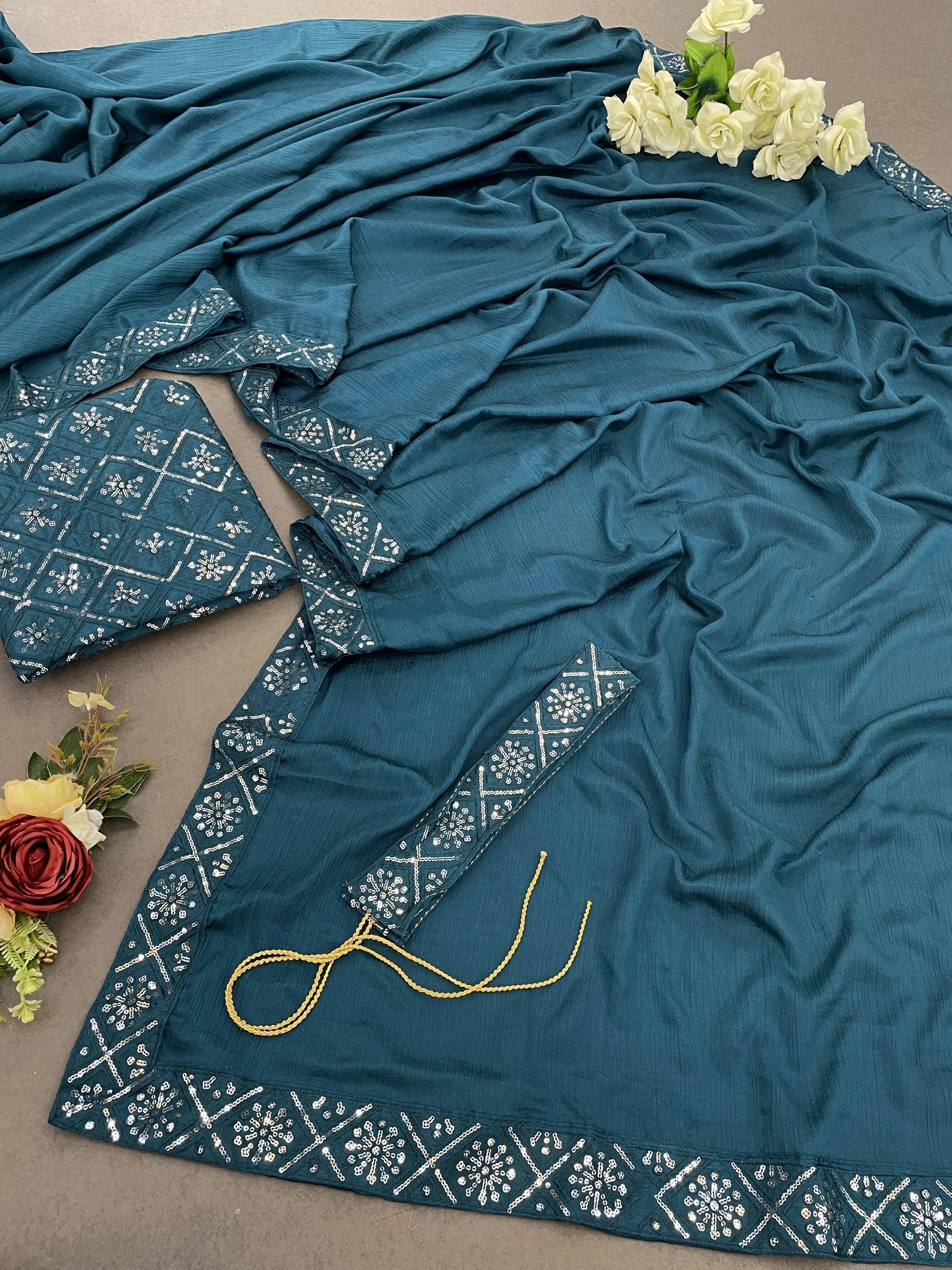 Krisha Enterprise Chiffon Solid Regular Saree With Unstitched Blouse Piece ( Light Blue ) Krisha Enterprise Chiffon Solid Regular Saree With Unstitched Blouse Piece ( Light Blue )