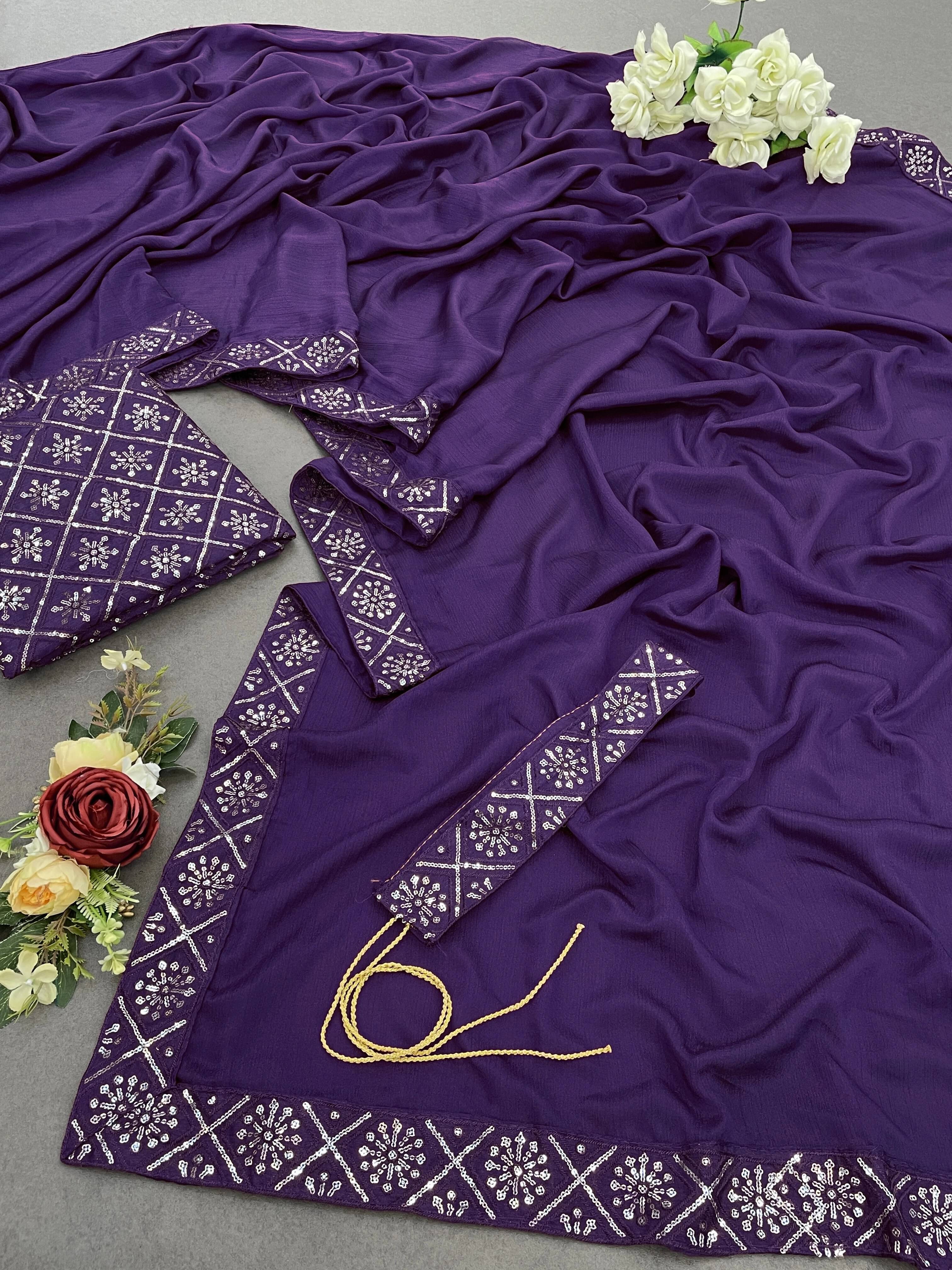 Krisha Enterprise Chiffon Solid Regular Saree With Unstitched Blouse Piece ( Purple ) Krisha Enterprise Chiffon Solid Regular Saree With Unstitched Blouse Piece ( Purple )