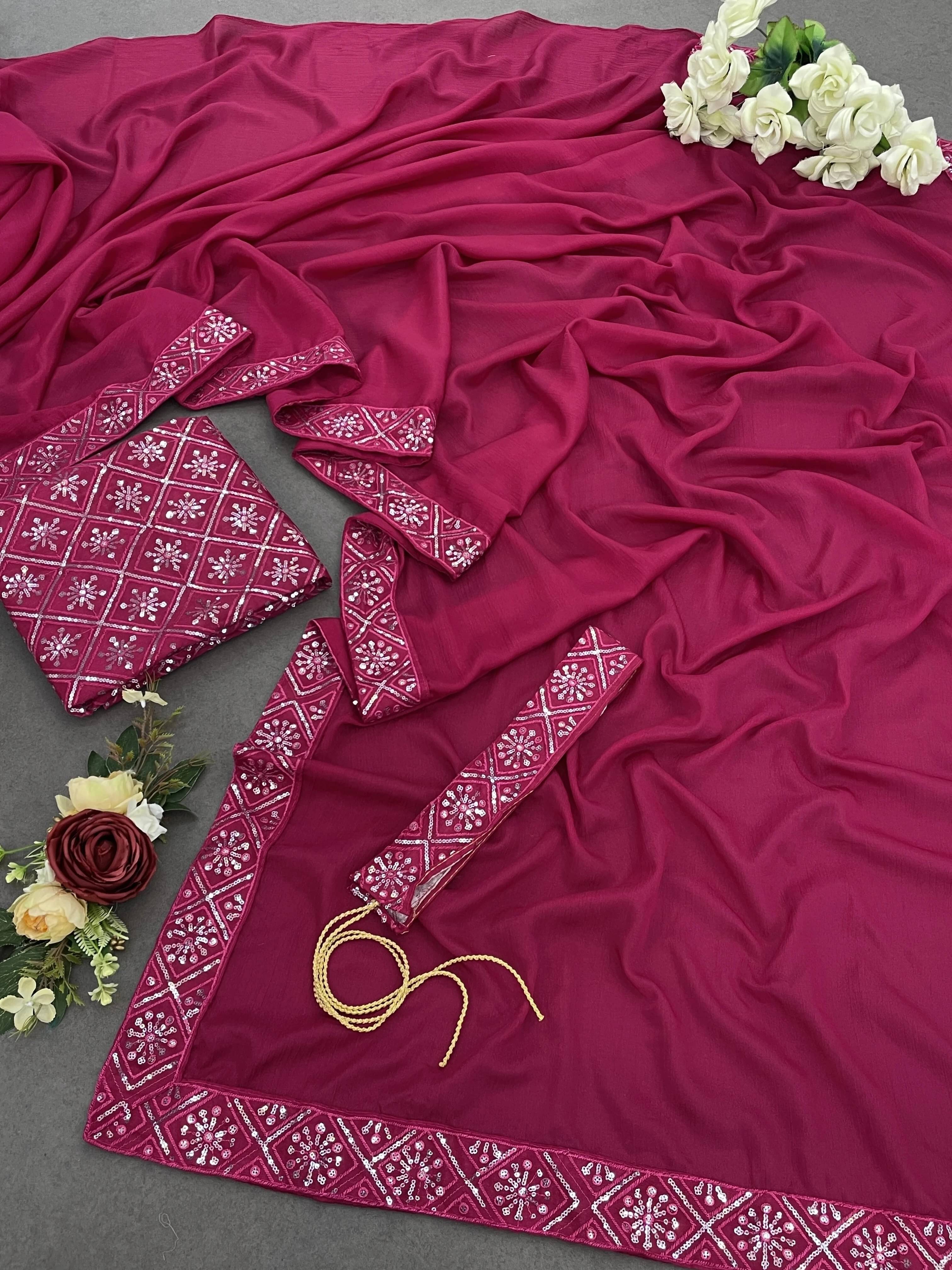 Krisha Enterprise Chiffon Solid Regular Saree With Unstitched Blouse Piece ( Pink ) Krisha Enterprise Chiffon Solid Regular Saree With Unstitched Blouse Piece ( Pink )