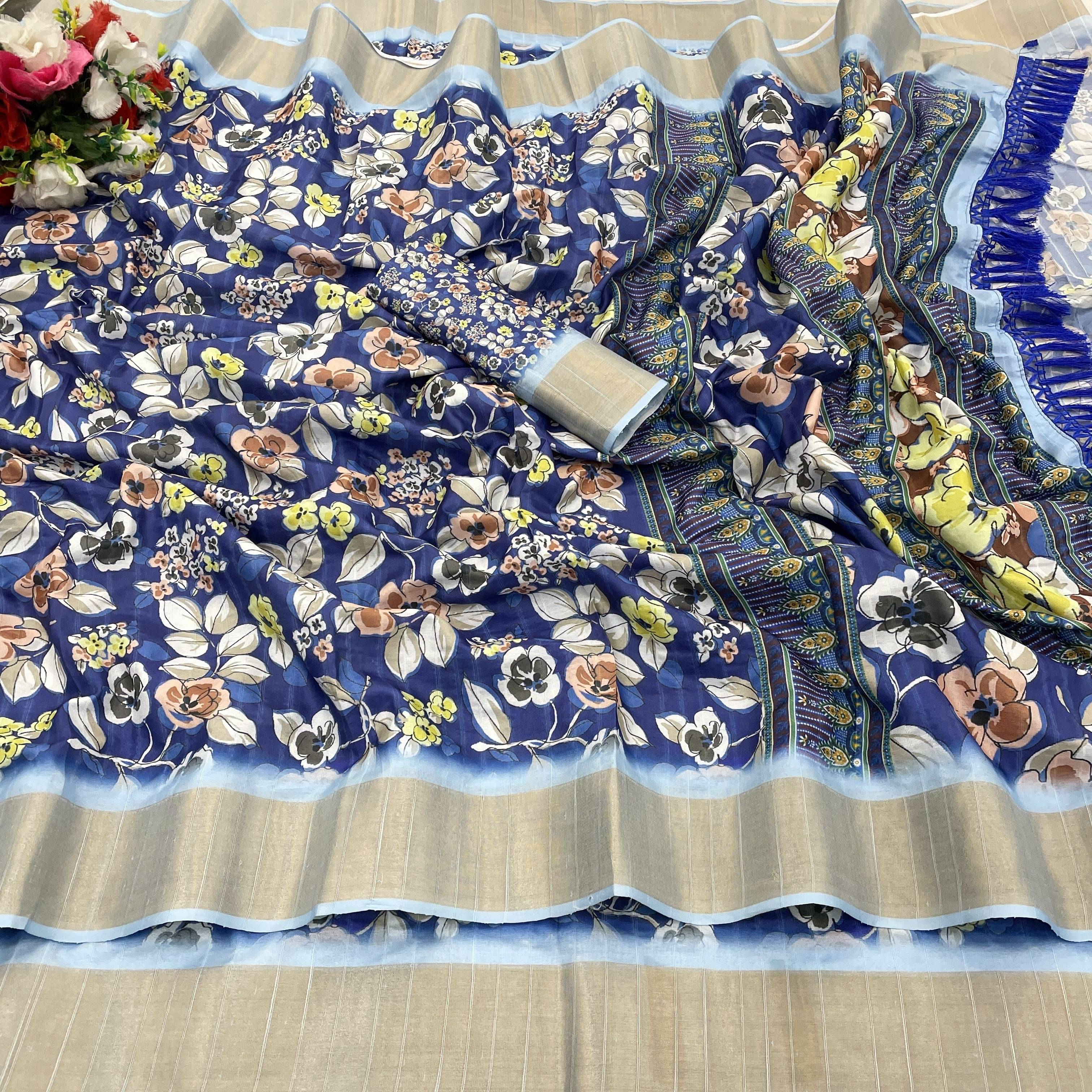     			Krisha Enterprise Cotton Blend Printed Regular Saree With Unstitched Blouse Piece ( Blue )
