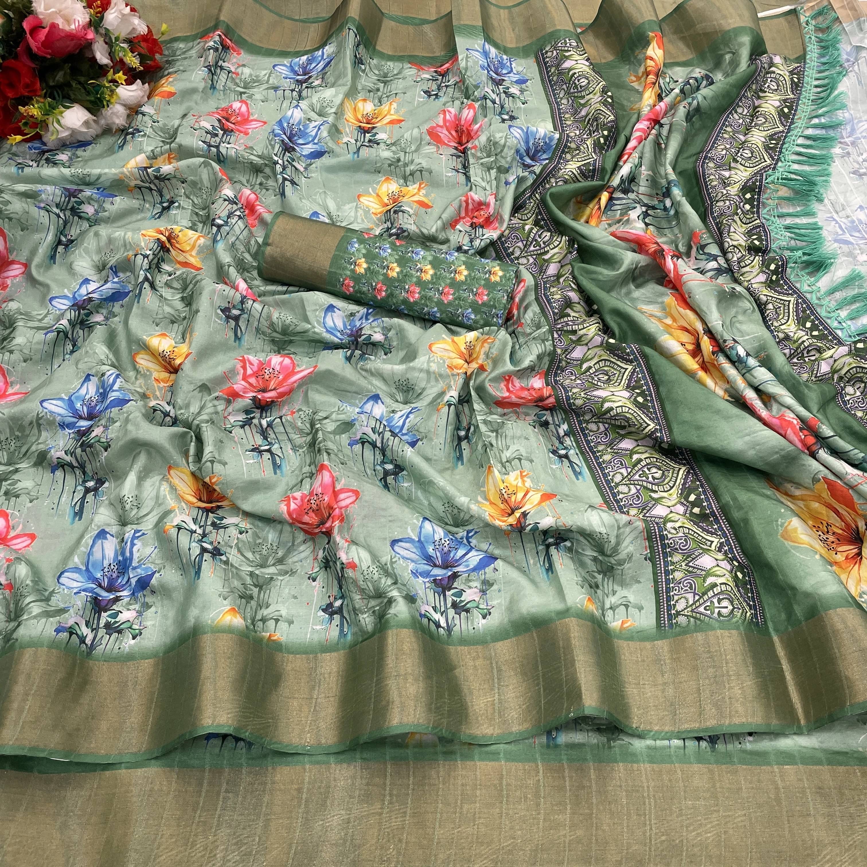     			Krisha Enterprise Cotton Blend Printed Regular Saree With Unstitched Blouse Piece ( Green )