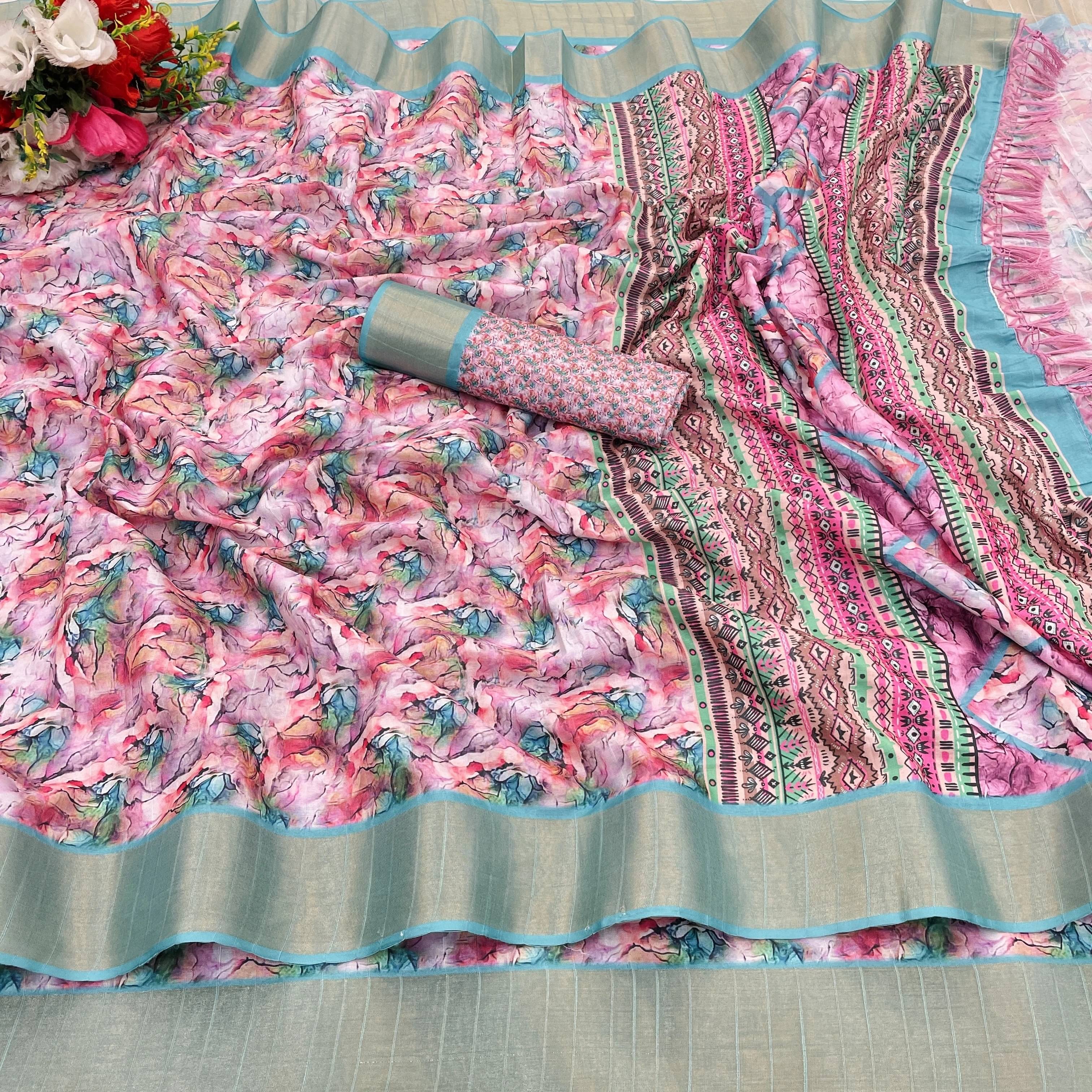     			Krisha Enterprise Cotton Blend Printed Regular Saree With Unstitched Blouse Piece ( Pink )