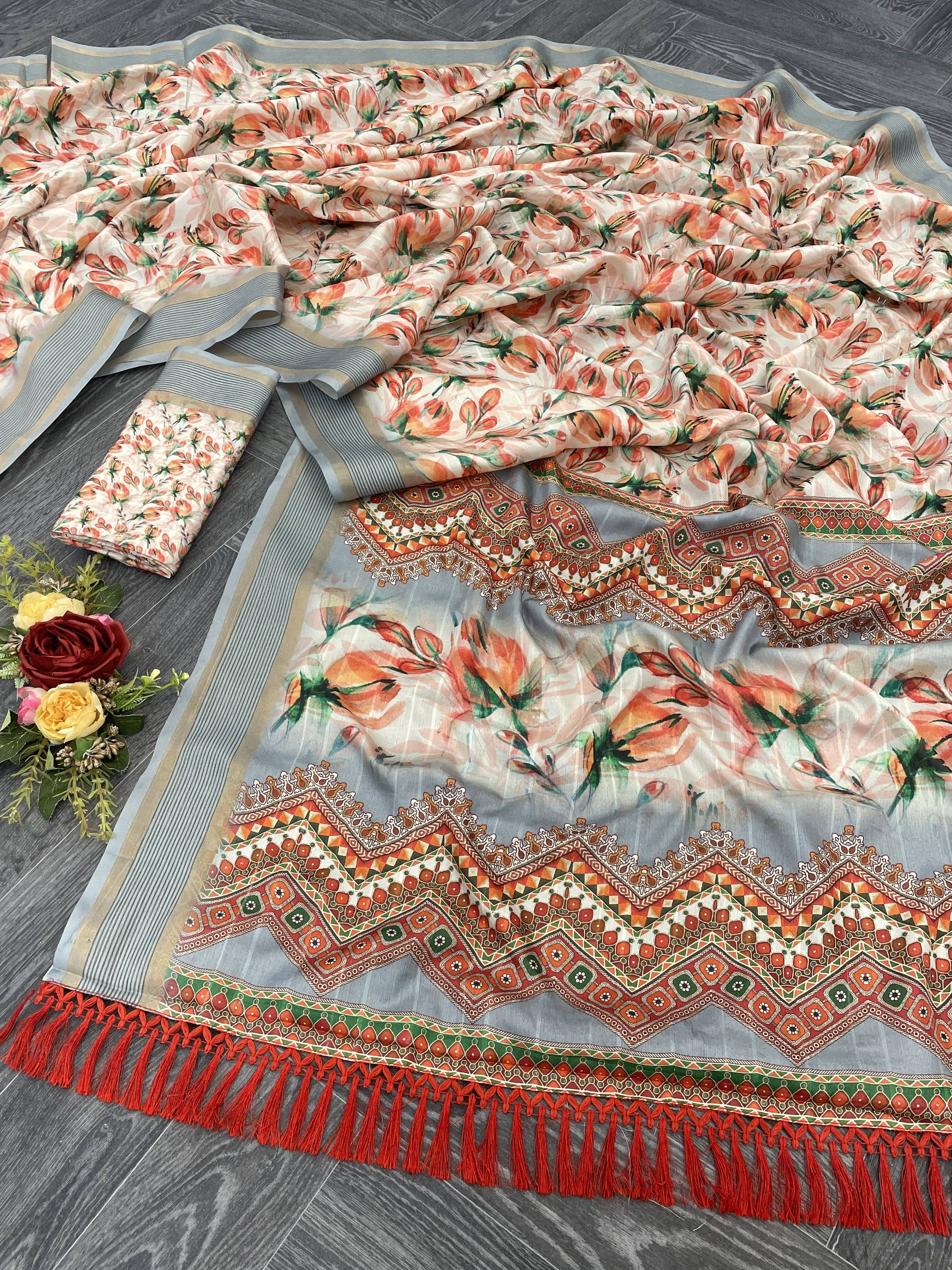 Krisha Enterprise Cotton Blend Printed Regular Saree With Unstitched Blouse Piece ( Orange )     			Krisha Enterprise Cotton Blend Printed Regular Saree With Unstitched Blouse Piece ( Orange )