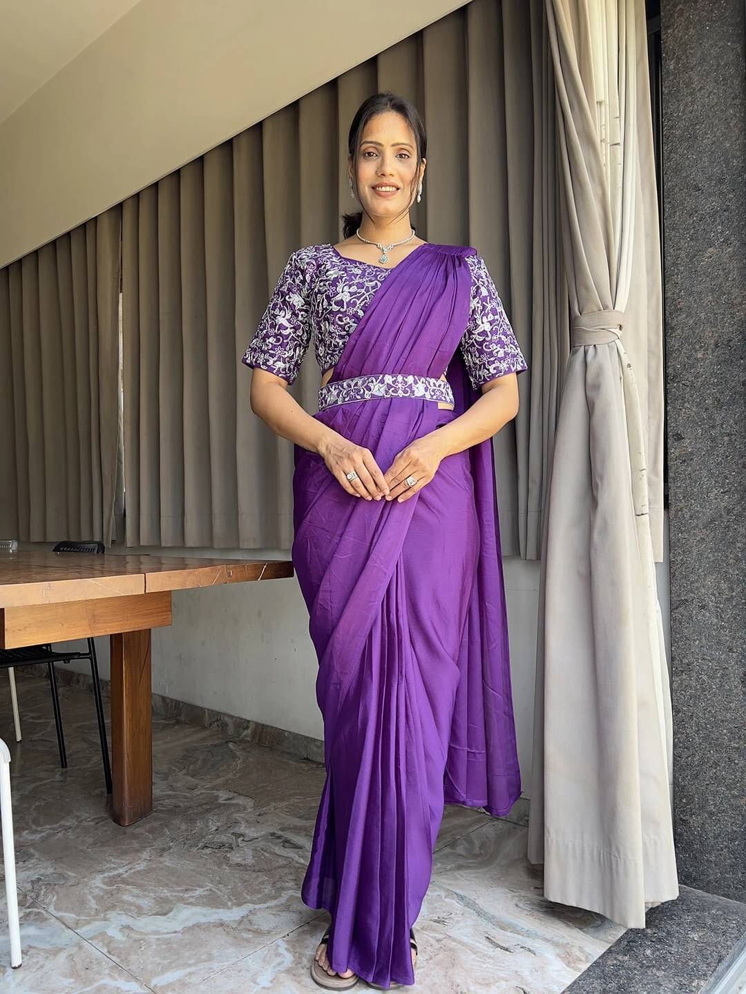     			Krisha Enterprise Cotton Blend Solid Regular Saree With Stitched Blouse ( Purple )
