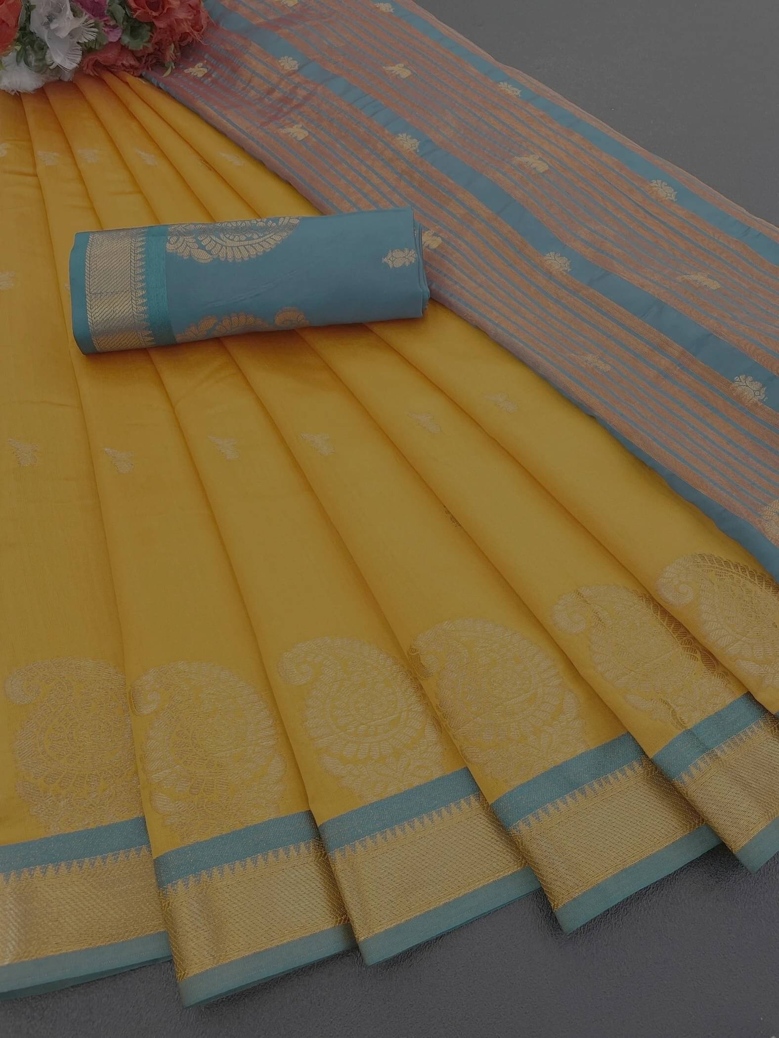 Krisha Enterprise Cotton Blend Woven Regular Saree With Unstitched Blouse Piece ( Yellow ) Krisha Enterprise Cotton Blend Woven Regular Saree With Unstitched Blouse Piece ( Yellow )