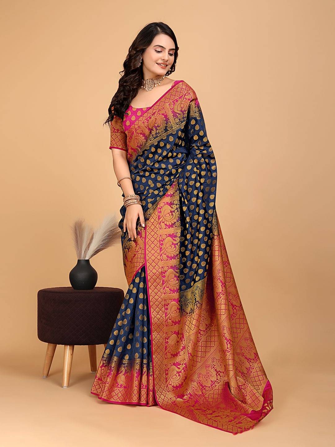     			Krisha Enterprise Cotton Blend Woven Regular Saree With Unstitched Blouse Piece ( Navy Blue )