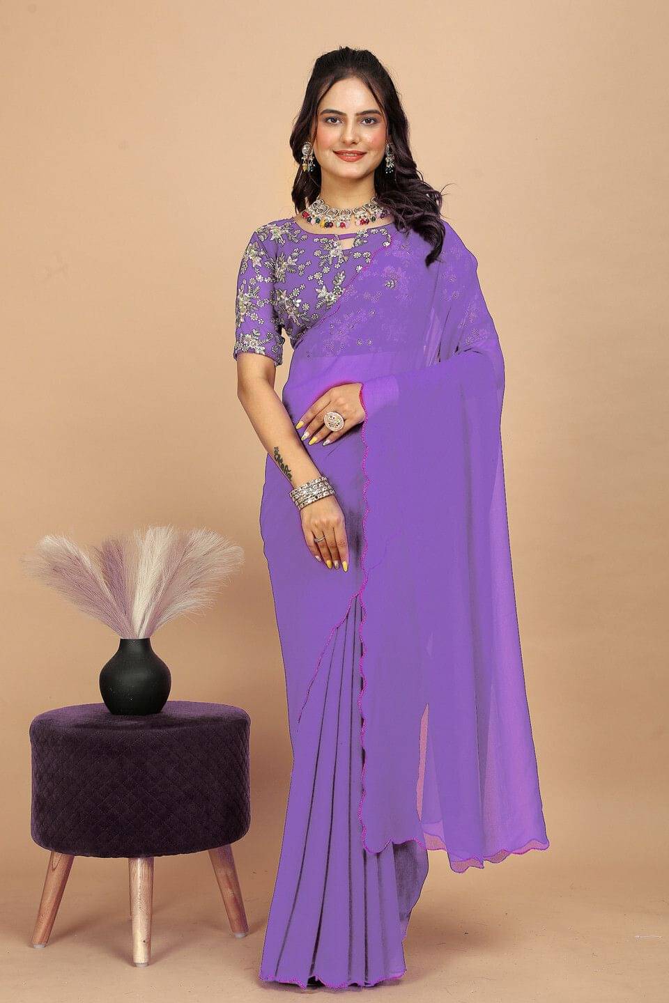     			Krisha Enterprise Georgette Embroidered Regular Saree With Unstitched Blouse Piece ( Purple )