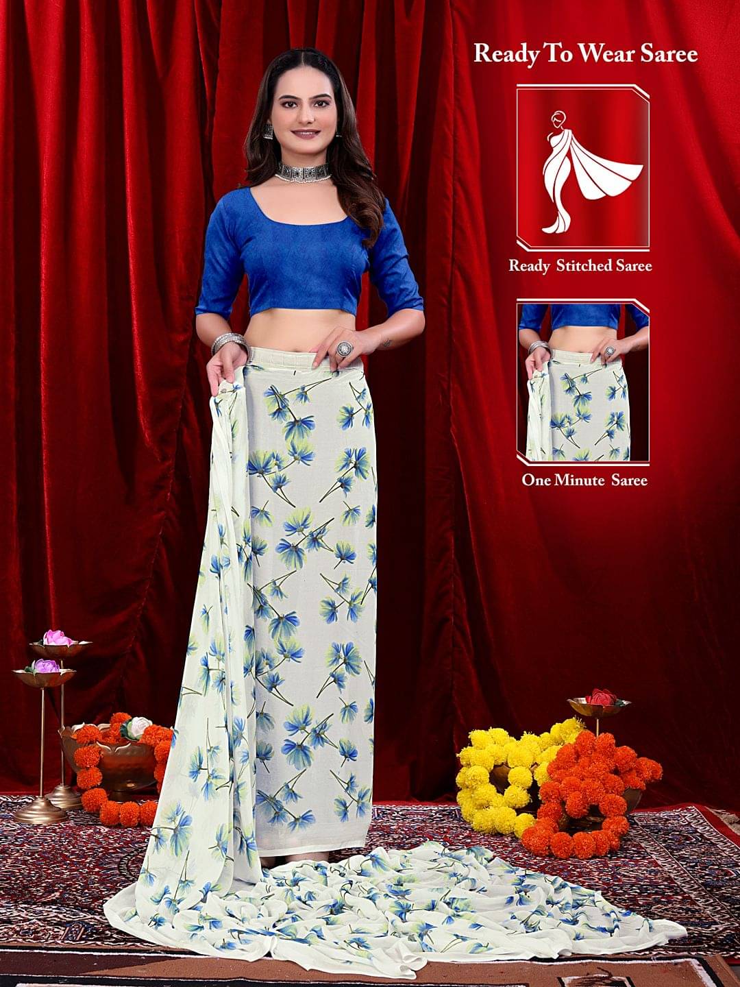     			Krisha Enterprise Georgette Printed Regular Saree With Unstitched Blouse Piece ( Blue )