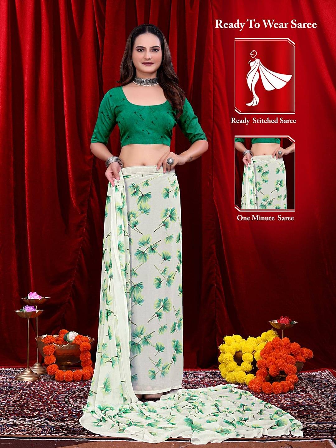 Krisha Enterprise Georgette Printed Regular Saree With Unstitched Blouse Piece ( Green ) Krisha Enterprise Georgette Printed Regular Saree With Unstitched Blouse Piece ( Green )