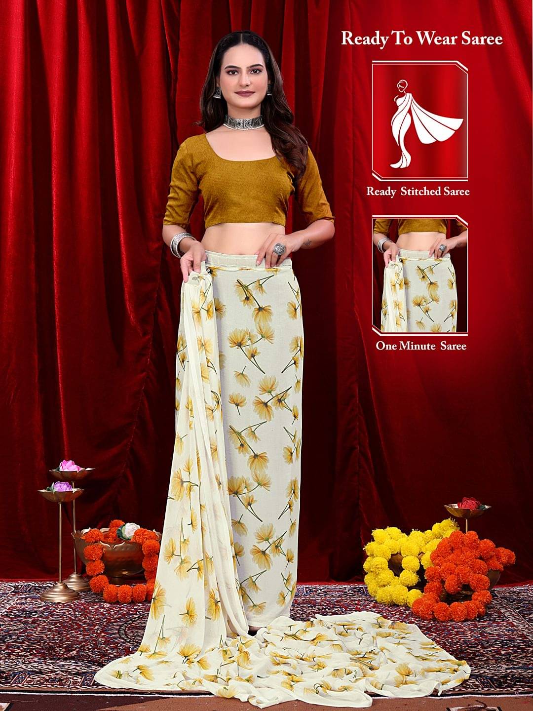     			Krisha Enterprise Georgette Printed Regular Saree With Unstitched Blouse Piece ( Yellow )