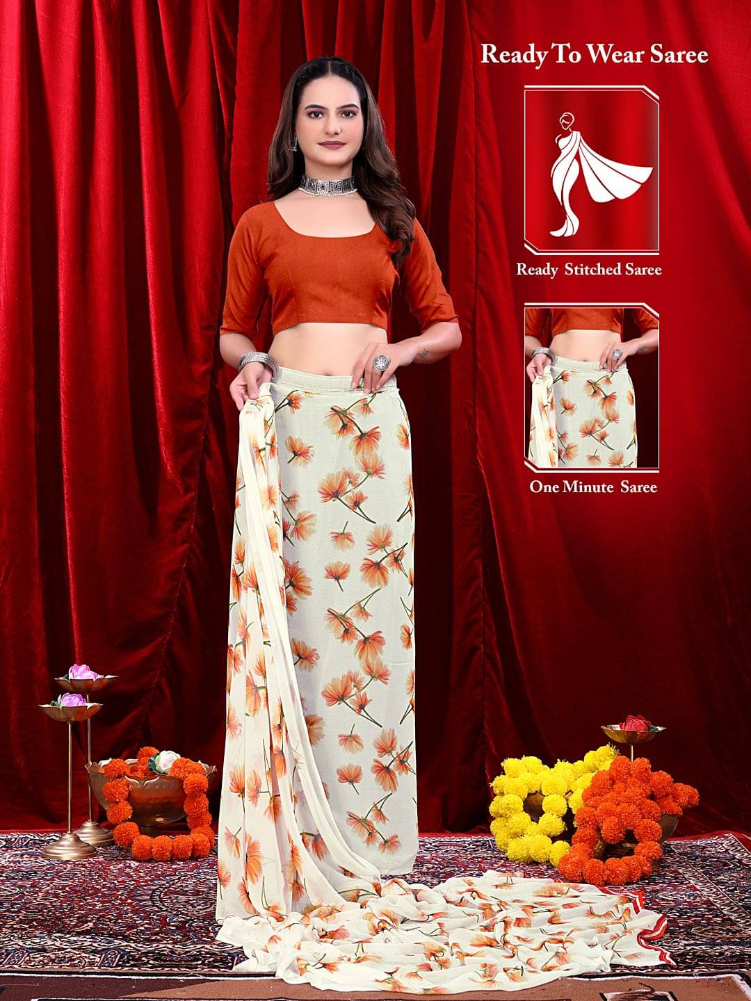     			Krisha Enterprise Georgette Printed Regular Saree With Unstitched Blouse Piece ( Orange )