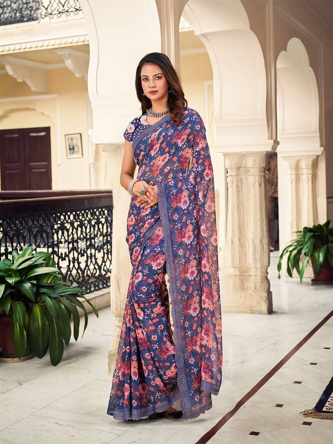 Krisha Enterprise Georgette Printed Regular Saree With Unstitched Blouse Piece ( Blue ) Krisha Enterprise Georgette Printed Regular Saree With Unstitched Blouse Piece ( Blue )